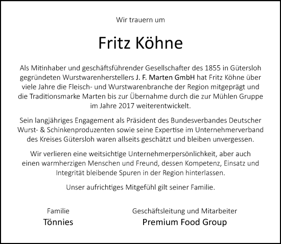Traueranzeige von Fritz Köhne von Neue Westfälische und Westfalen-Blatt