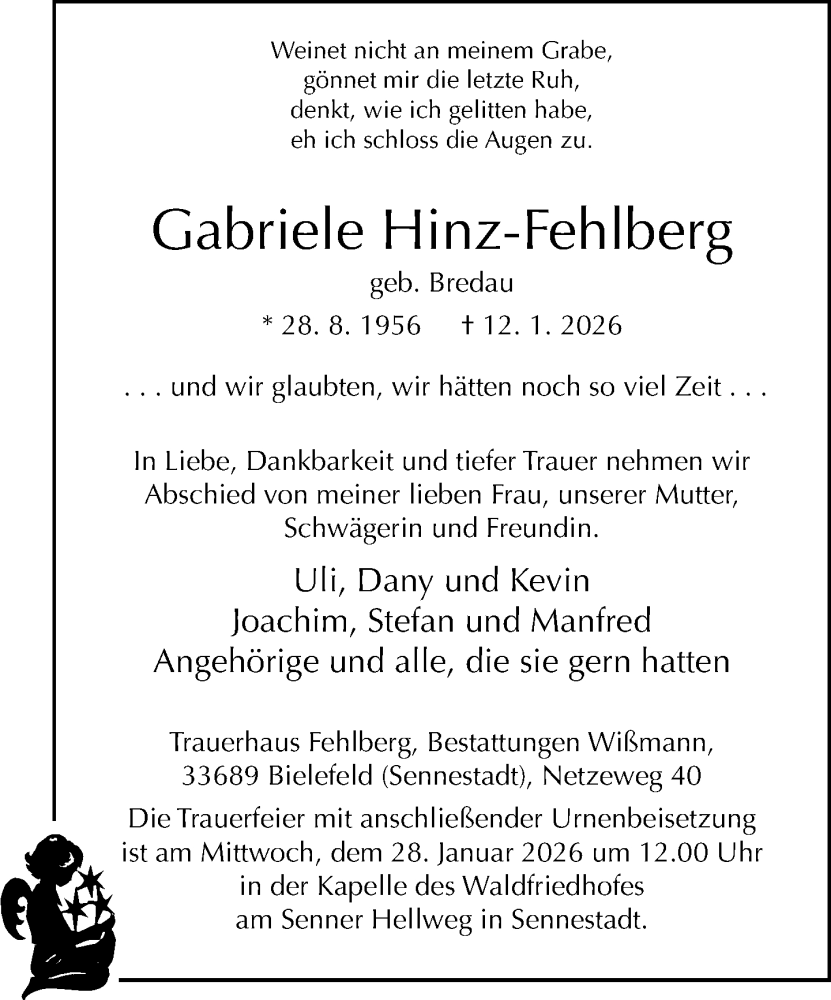  Traueranzeige für Gabriele Hinz-Fehlberg vom 17.01.2026 aus Neue Westfälische und Westfalen-Blatt