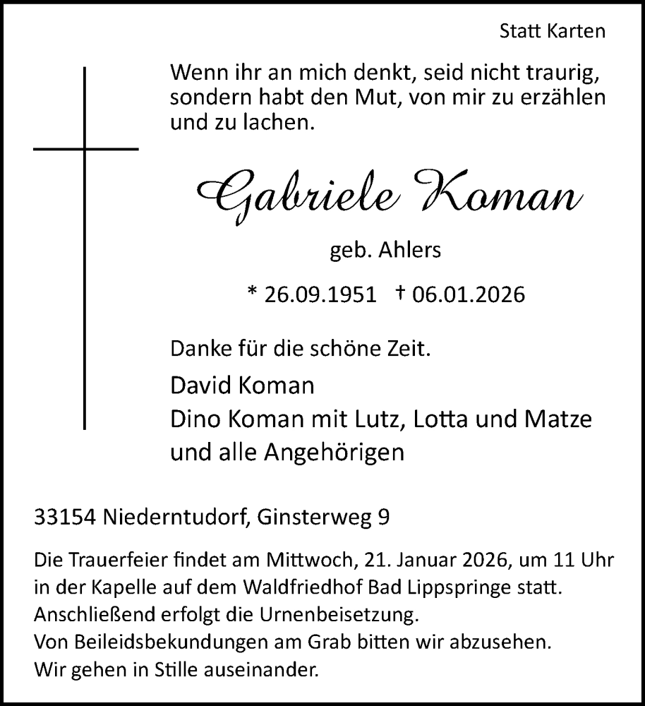 Traueranzeige für Gabriele Koman vom 10.01.2026 aus Neue Westfälische und Westfalen-Blatt