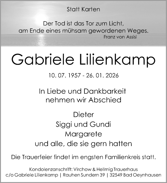 Traueranzeige von Gabriele Lilienkamp von Neue Westfälische und Westfalen-Blatt