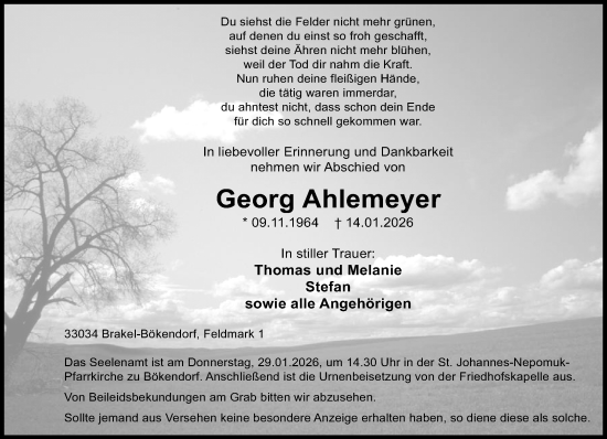 Traueranzeige von Georg Ahlemeyer von Neue Westfälische und Westfalen-Blatt