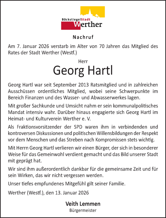 Traueranzeige von Georg Hartl von Neue Westfälische und Westfalen-Blatt