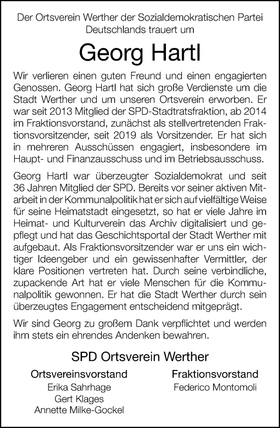Traueranzeige von Georg Hartl von Neue Westfälische und Westfalen-Blatt