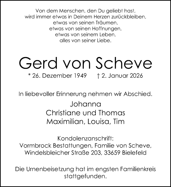 Traueranzeige von Gerd von Scheve von Neue Westfälische und Westfalen-Blatt