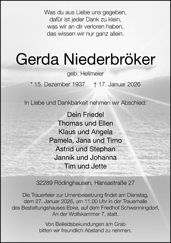 Traueranzeige von Gerda Niederbröker von Neue Westfälische und Westfalen-Blatt