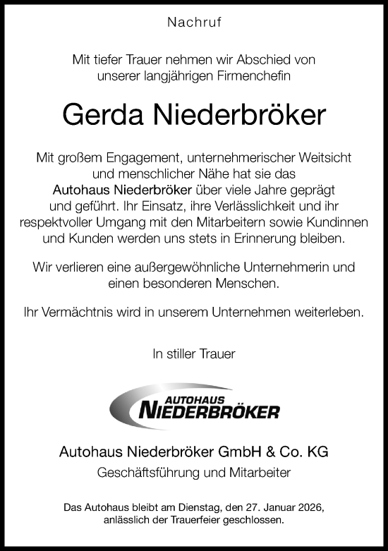 Traueranzeige von Gerda Niederbröker von Neue Westfälische und Westfalen-Blatt