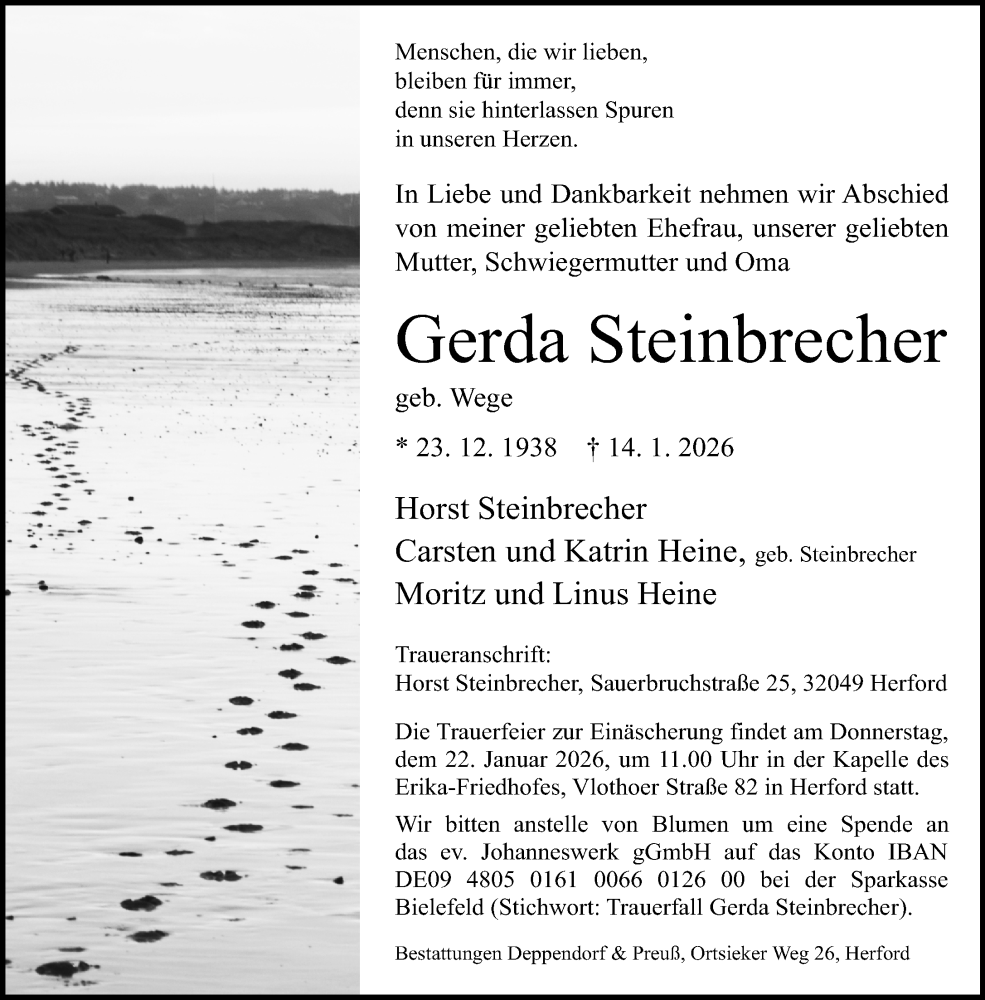  Traueranzeige für Gerda Steinbrecher vom 17.01.2026 aus Neue Westfälische und Westfalen-Blatt