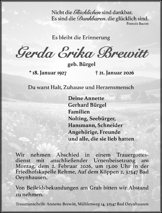 Traueranzeige von Gerda Erika Brewitt von Neue Westfälische und Westfalen-Blatt