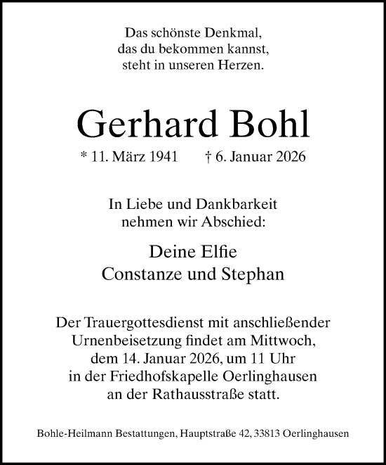 Traueranzeige von Gerhard Bohl von Neue Westfälische und Westfalen-Blatt