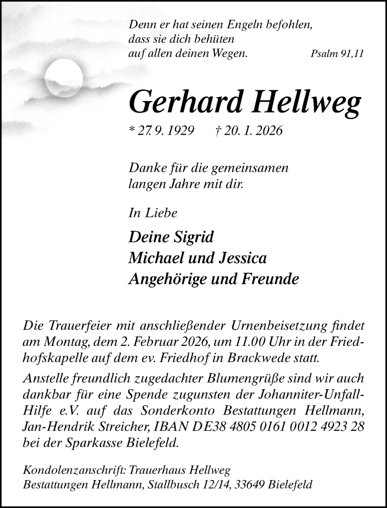  Traueranzeige für Gerhard Hellweg vom 24.01.2026 aus Neue Westfälische und Westfalen-Blatt