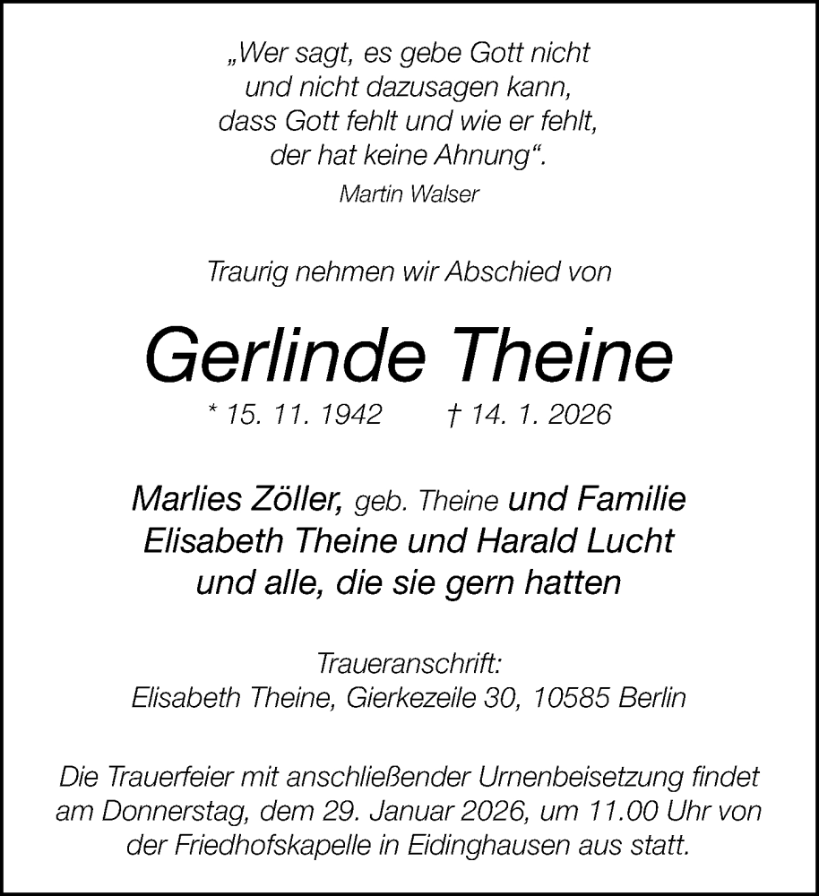  Traueranzeige für Gerlinde Theine vom 24.01.2026 aus Neue Westfälische und Westfalen-Blatt