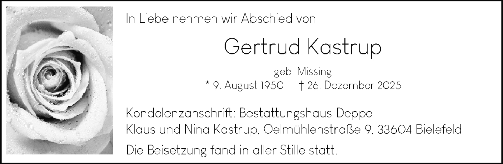  Traueranzeige für Gertrud Kastrup vom 10.01.2026 aus Neue Westfälische und Westfalen-Blatt