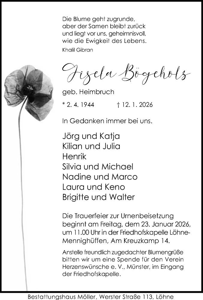  Traueranzeige für Gisela Bögeholz vom 17.01.2026 aus Neue Westfälische und Westfalen-Blatt