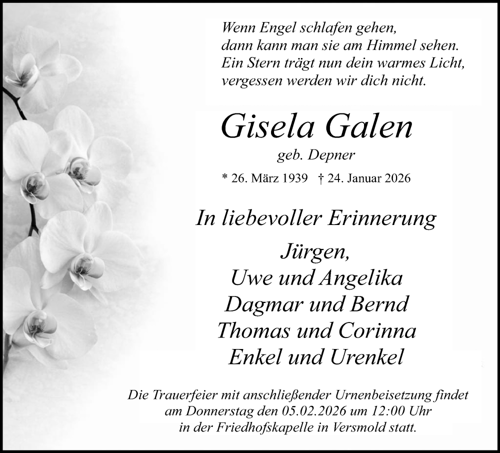  Traueranzeige für Gisela Galen vom 31.01.2026 aus Neue Westfälische und Westfalen-Blatt