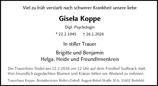 Traueranzeige von Gisela Koppe von Neue Westfälische und Westfalen-Blatt