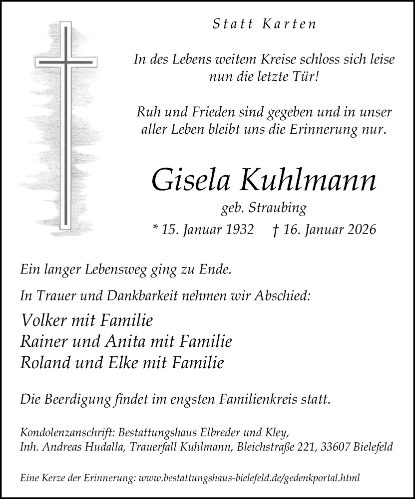  Traueranzeige für Gisela Kuhlmann vom 24.01.2026 aus Neue Westfälische und Westfalen-Blatt
