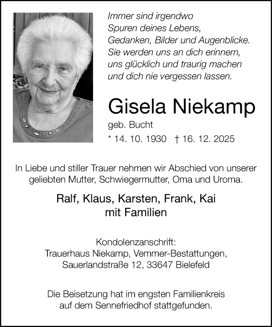 Traueranzeige von Gisela Niekamp von Neue Westfälische und Westfalen-Blatt