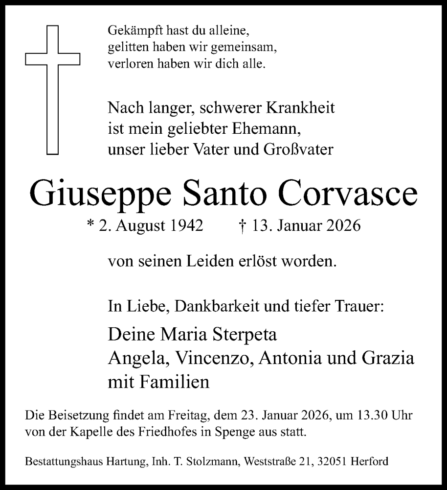  Traueranzeige für Giuseppe Santo Corvasce vom 17.01.2026 aus Neue Westfälische und Westfalen-Blatt