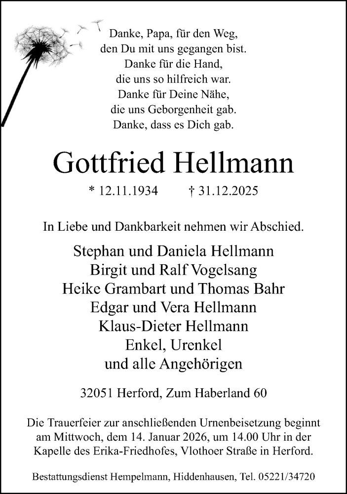  Traueranzeige für Gottfried Hellmann vom 10.01.2026 aus Neue Westfälische und Westfalen-Blatt