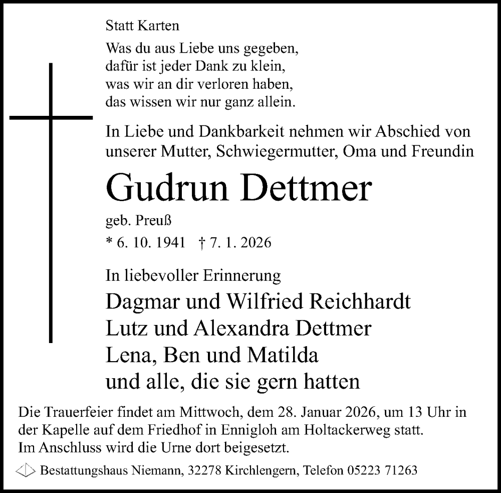  Traueranzeige für Gudrun Dettmer vom 17.01.2026 aus Neue Westfälische und Westfalen-Blatt