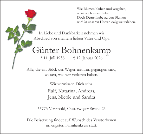 Traueranzeige von Günter Bohnenkamp von Neue Westfälische und Westfalen-Blatt