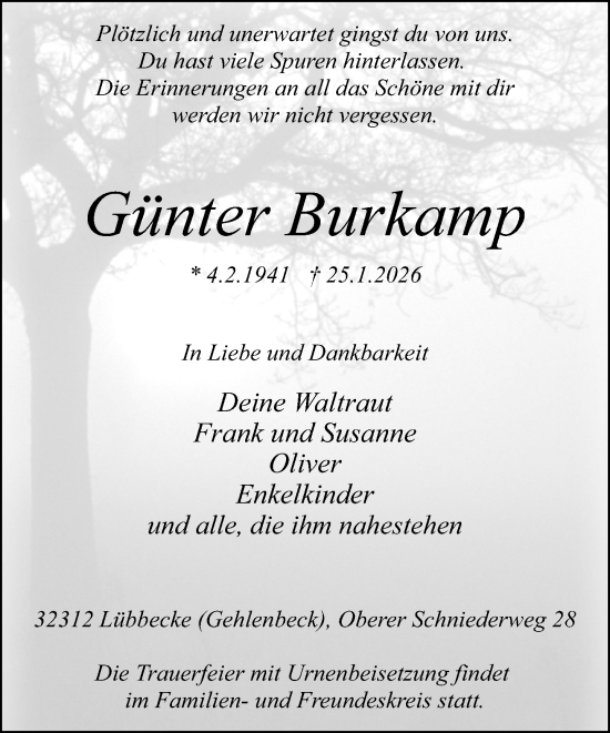Traueranzeige von Günter Burkamp von Neue Westfälische und Westfalen-Blatt