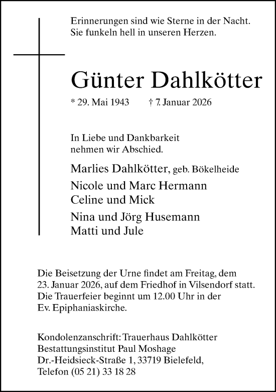 Traueranzeige von Günter Dahlkötter von Neue Westfälische und Westfalen-Blatt