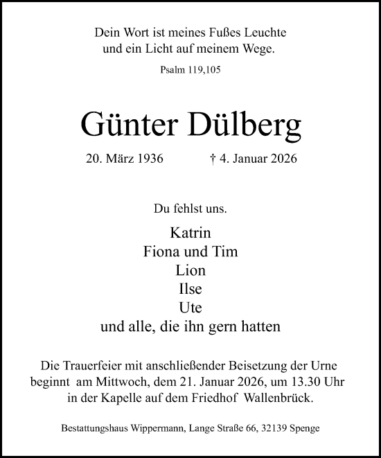 Traueranzeige von Günter Dülberg von Neue Westfälische und Westfalen-Blatt