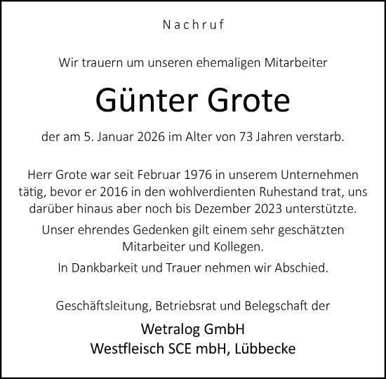 Traueranzeige von Günter Grote von Neue Westfälische und Westfalen-Blatt