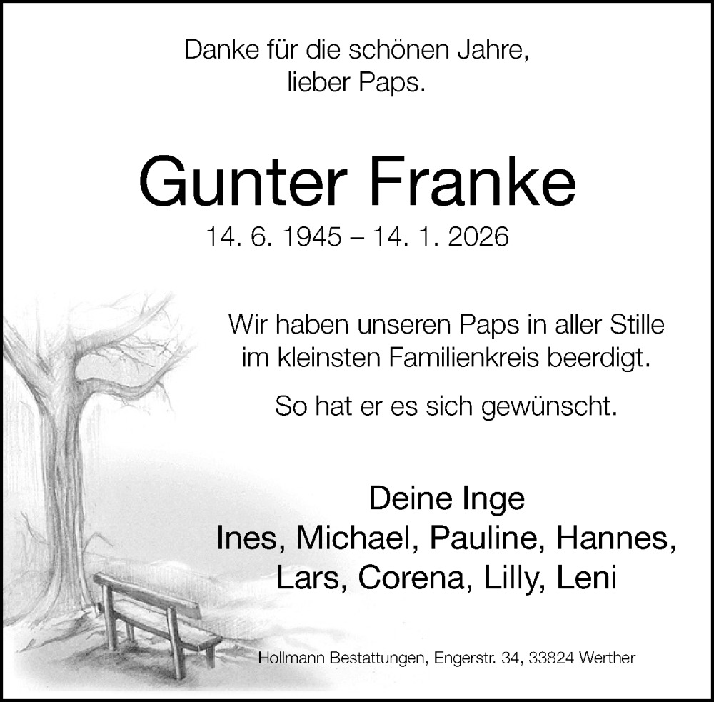  Traueranzeige für Gunter Franke vom 31.01.2026 aus Neue Westfälische und Westfalen-Blatt