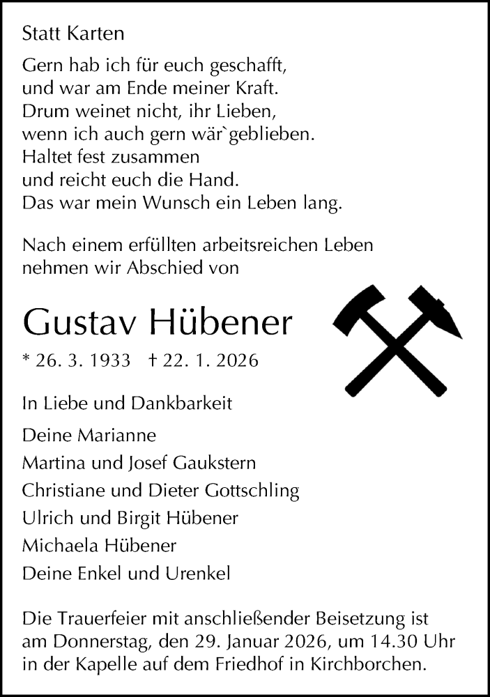  Traueranzeige für Gustav Hübener vom 24.01.2026 aus Neue Westfälische und Westfalen-Blatt
