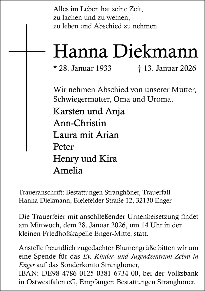  Traueranzeige für Hanna Diekmann vom 24.01.2026 aus Neue Westfälische und Westfalen-Blatt