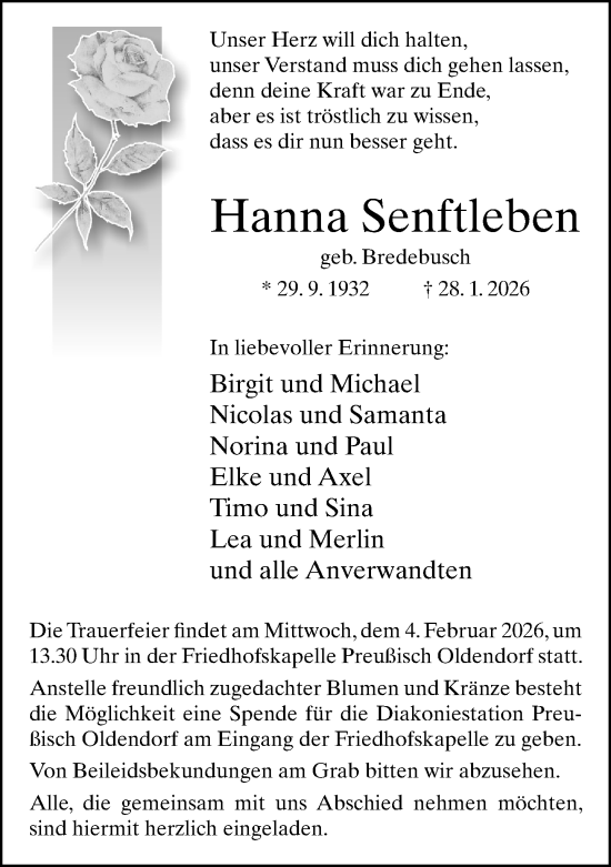 Traueranzeige von Hanna Senftleben von Neue Westfälische und Westfalen-Blatt