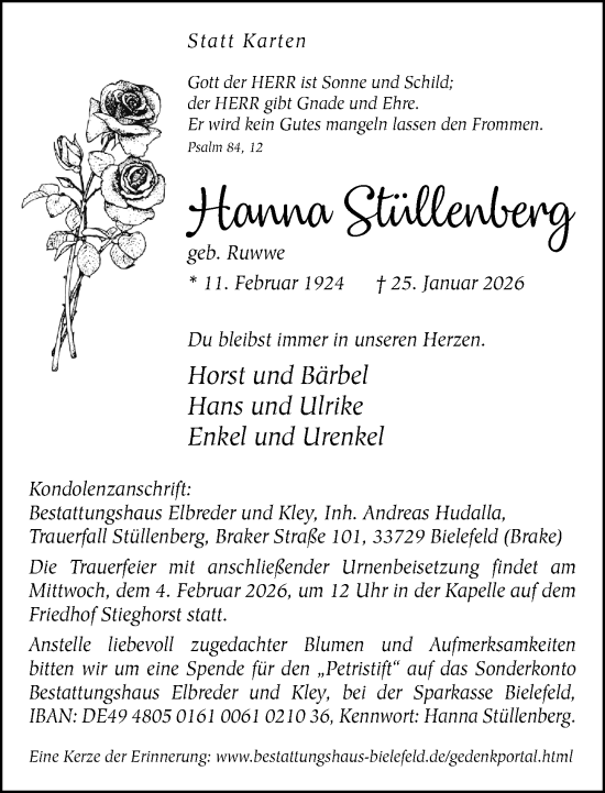 Traueranzeige von Hanna Stüllenberg von Neue Westfälische und Westfalen-Blatt