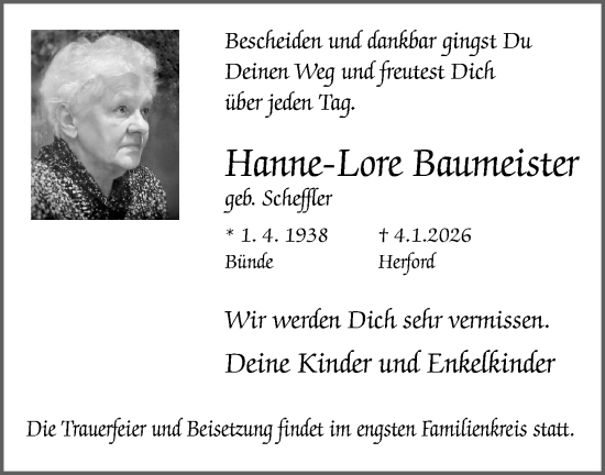 Traueranzeige von Hanne-Lore Baumeister von Neue Westfälische und Westfalen-Blatt
