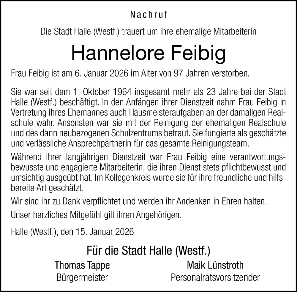  Traueranzeige für Hannelore Feibig vom 15.01.2026 aus Neue Westfälische und Westfalen-Blatt