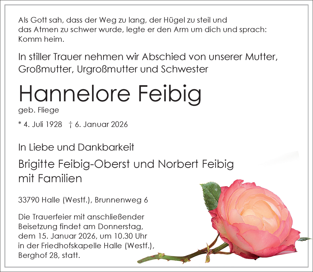 Traueranzeige für Hannelore Feibig vom 10.01.2026 aus Neue Westfälische und Westfalen-Blatt