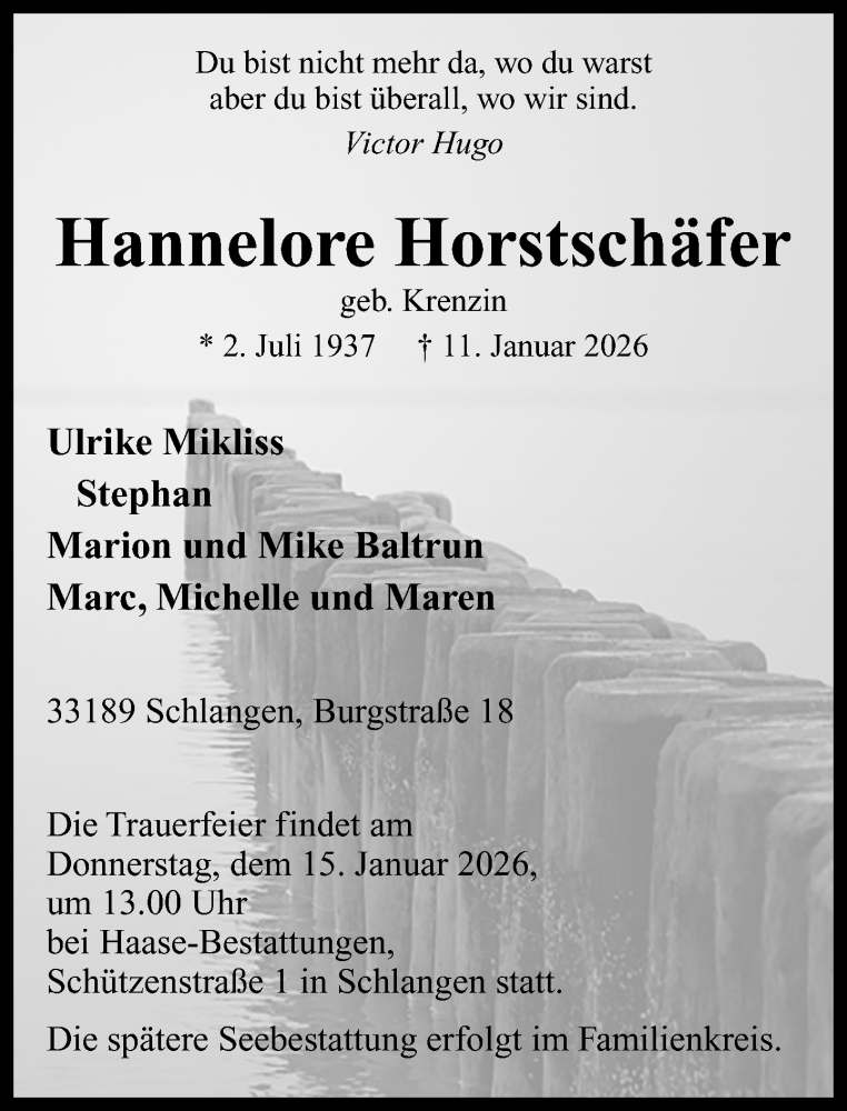  Traueranzeige für Hannelore Horstschäfer vom 14.01.2026 aus Neue Westfälische und Westfalen-Blatt