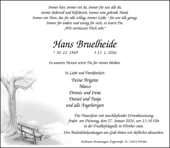 Traueranzeige von Hans Bruelheide von Neue Westfälische und Westfalen-Blatt