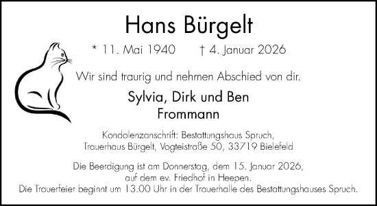 Traueranzeige von Hans Bürgelt von Neue Westfälische und Westfalen-Blatt
