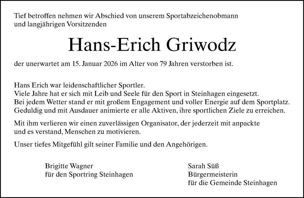  Traueranzeige für Hans-Erich Griwodz vom 28.01.2026 aus Neue Westfälische und Westfalen-Blatt
