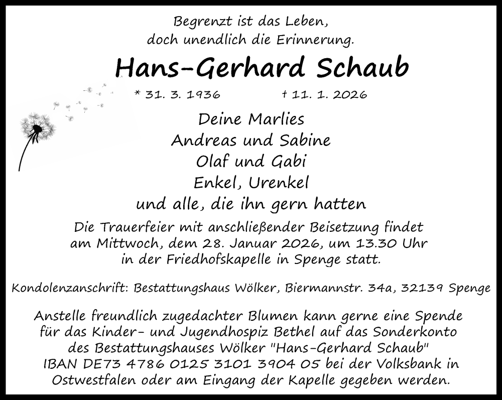  Traueranzeige für Hans-Gerhard Schaub vom 24.01.2026 aus Neue Westfälische und Westfalen-Blatt
