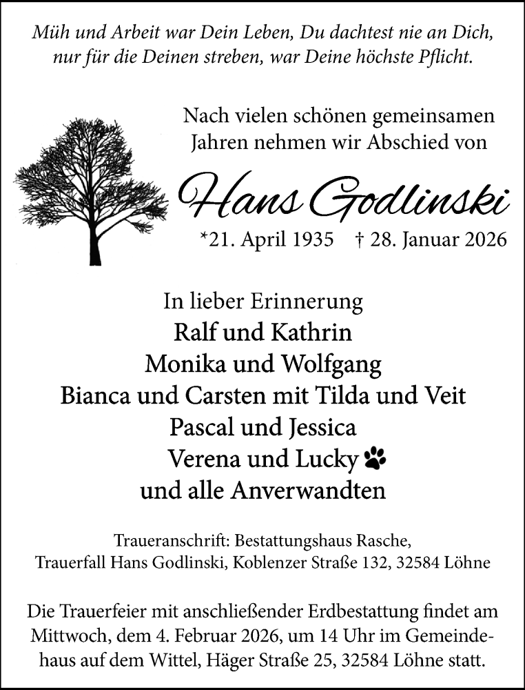  Traueranzeige für Hans Godlinski vom 31.01.2026 aus Neue Westfälische und Westfalen-Blatt