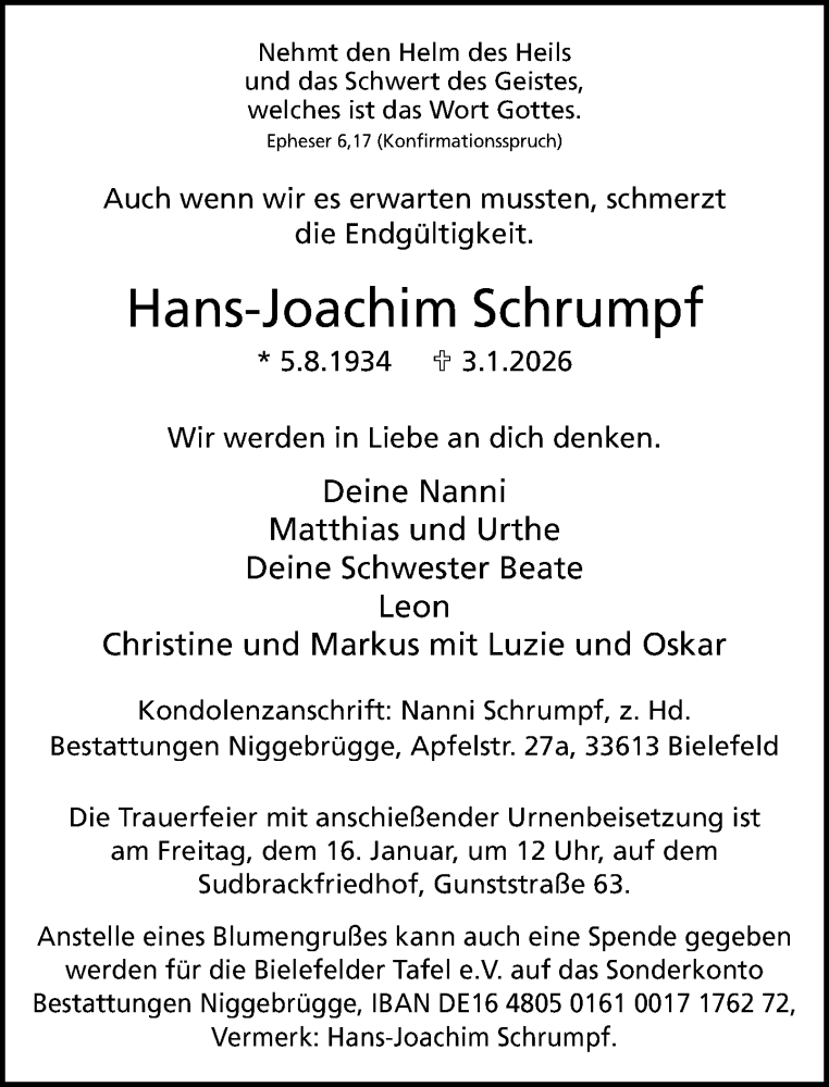  Traueranzeige für Hans-Joachim Schrumpf vom 10.01.2026 aus Neue Westfälische und Westfalen-Blatt