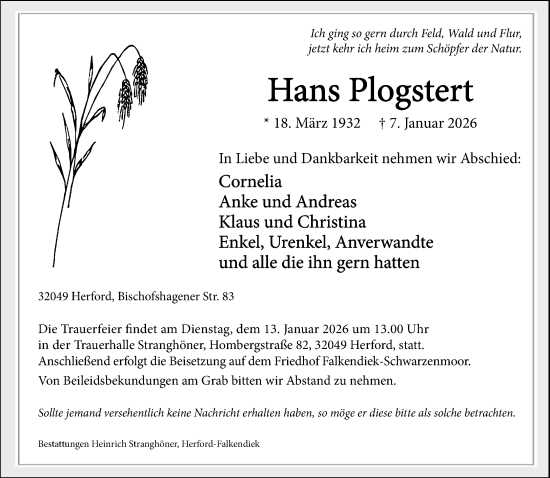Traueranzeige von Hans Plogstert von Neue Westfälische und Westfalen-Blatt