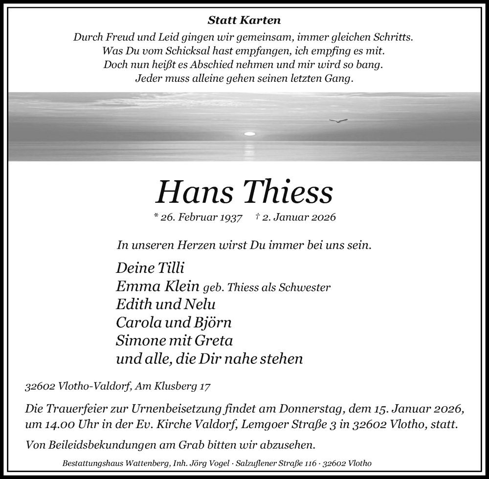  Traueranzeige für Hans Thiess vom 08.01.2026 aus Neue Westfälische und Westfalen-Blatt