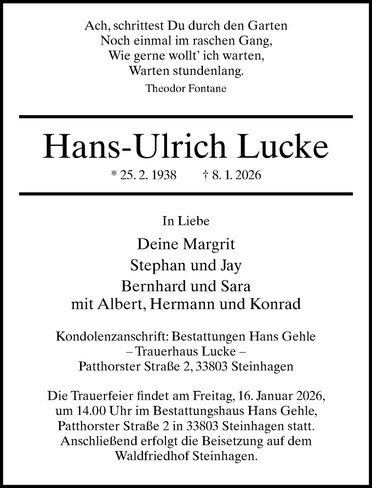  Traueranzeige für Hans-Ulrich Lucke vom 14.01.2026 aus Neue Westfälische und Westfalen-Blatt