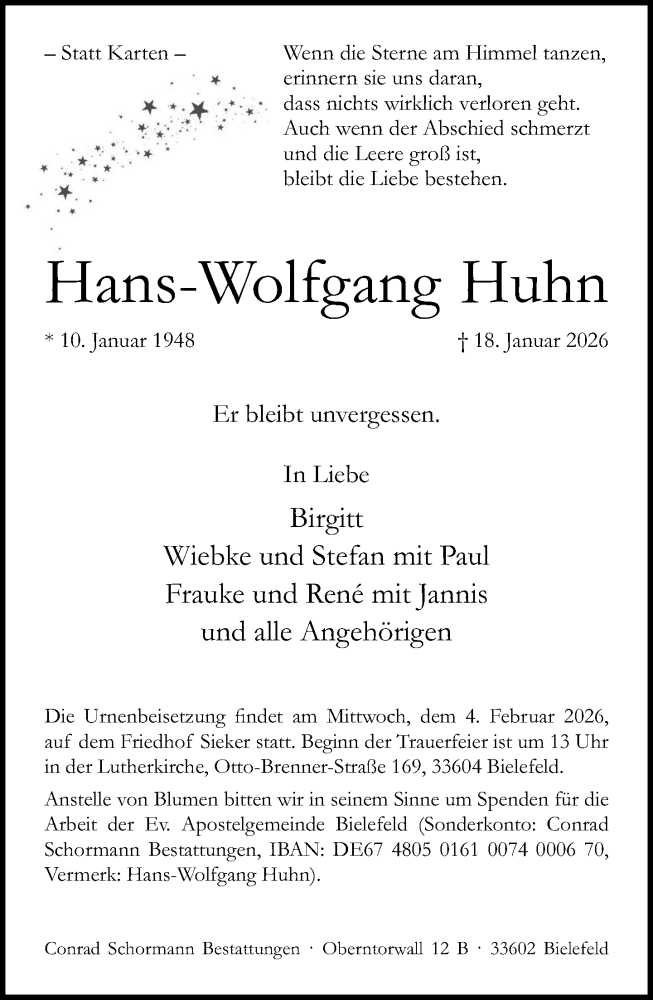  Traueranzeige für Hans-Wolfgang Huhn vom 24.01.2026 aus Neue Westfälische und Westfalen-Blatt