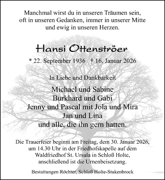 Traueranzeige von Hansi Ottenströer von Neue Westfälische und Westfalen-Blatt
