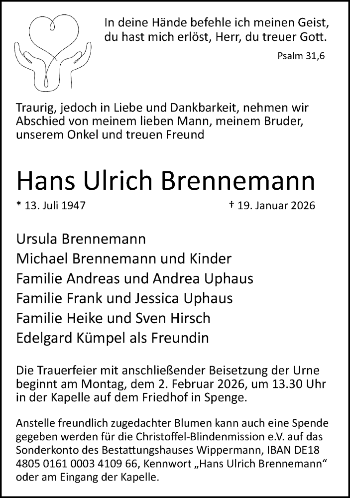  Traueranzeige für Hans Ulrich Brennemann vom 24.01.2026 aus Neue Westfälische und Westfalen-Blatt